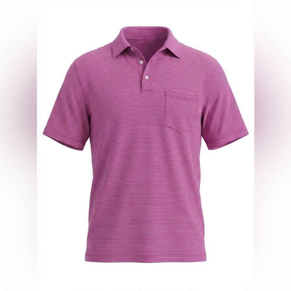 J MCLAUGHLIN MENS POLO SHIRT SIZE L PURPLE BLUE VERTICAL STRIPES.